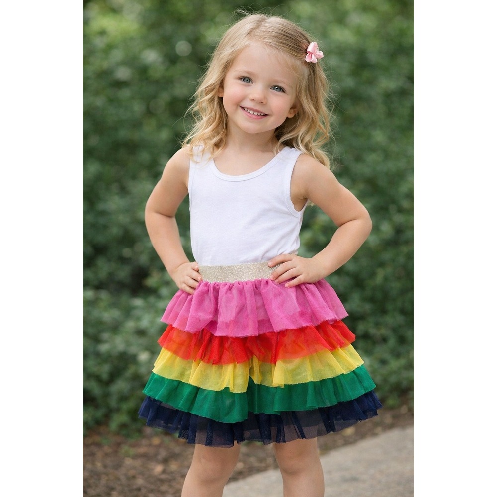 Hanna Andersson Girls Rainbow Tiered Tulle Tutu Skirt Gold Glitter Waist US 5
